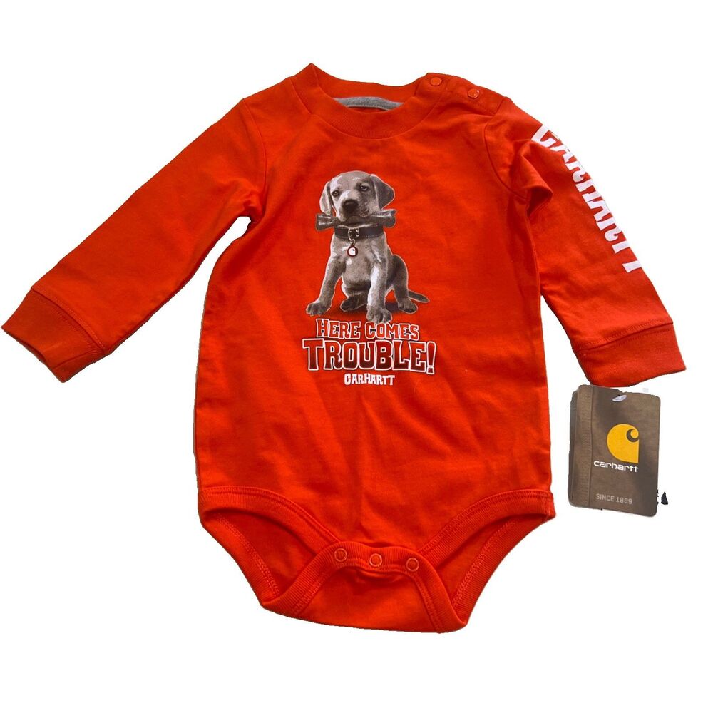 NEW Carhartt Orange Here Comes Trouble Unisex Size 12 Mth Carhartt One Piece